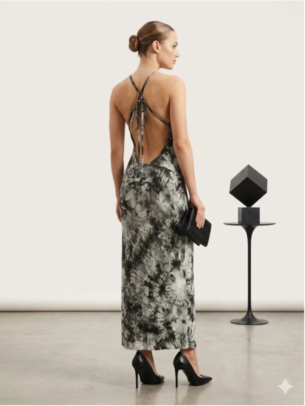 CQ by CQ Tie Dye Maxi Dress L Black Gray Halter Neck Backless Side Slit Stretch - Picture 2 of 12
